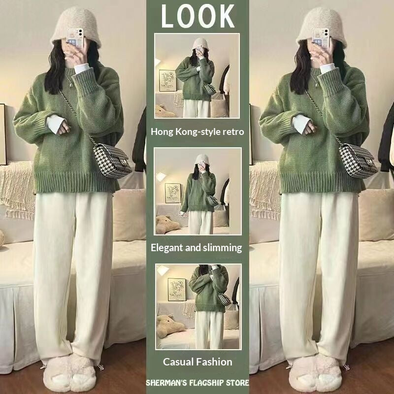 Solid-color Knitted Pullover Sweater for Women Korean Style Autumn Winter