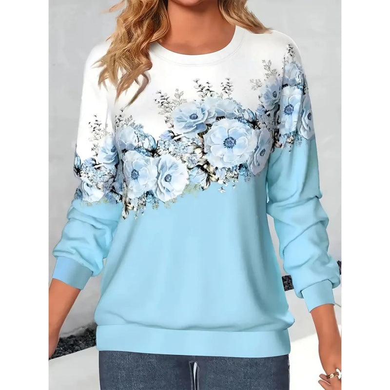 Women's 3D Floral Print Long Sleeve Pullover Sweatshirt