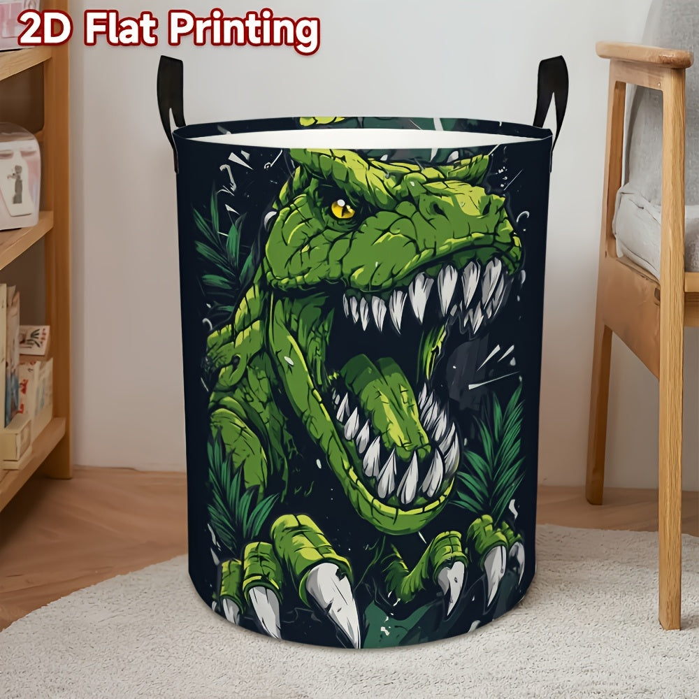 Large‑Capacity Dinosaur Print Foldable Round Laundry Basket with Sturdy Handle – Polyester Canvas