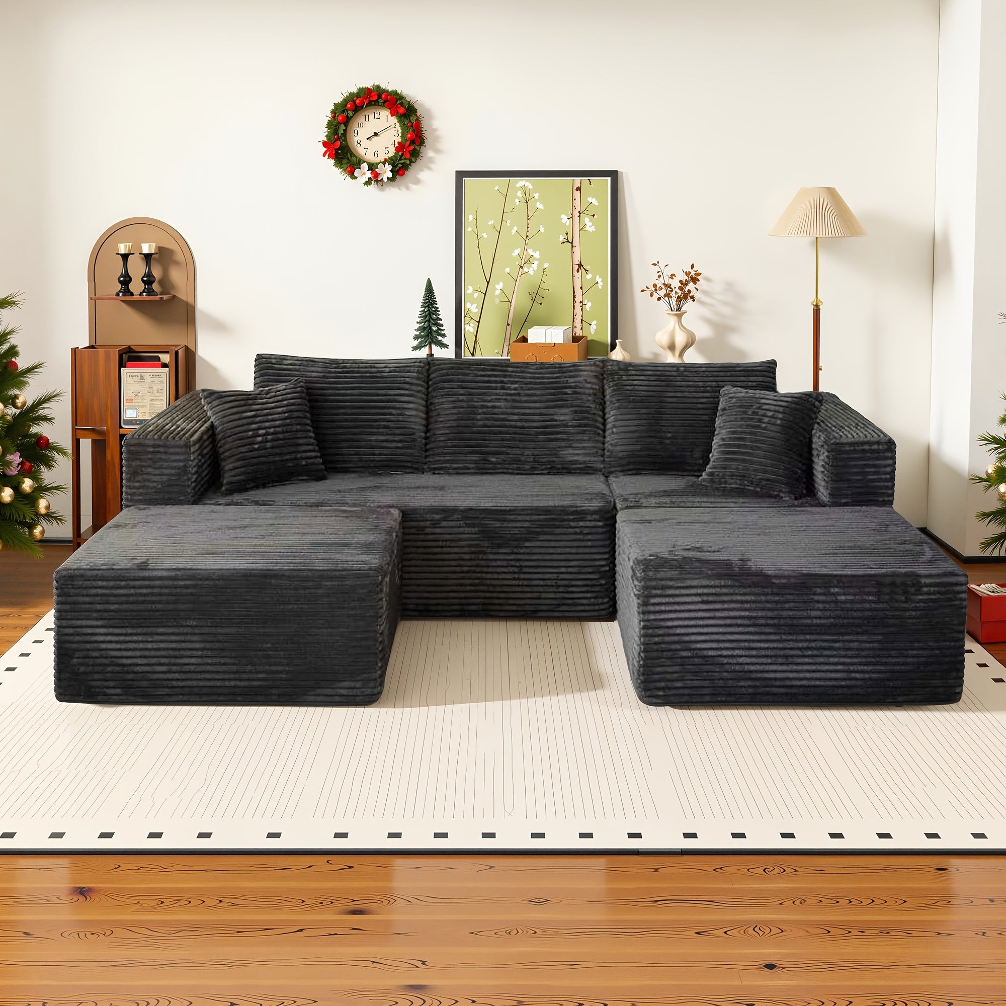 Modular L-shaped chaise longue sofa bed with deep seat and corduroy upholstery