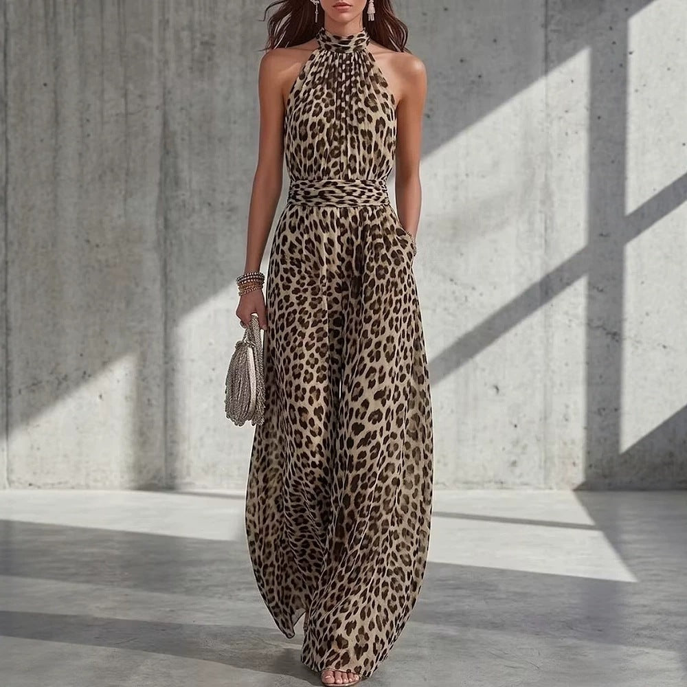 Leopard Print Halter Sleeveless Casual Jumpsuit
