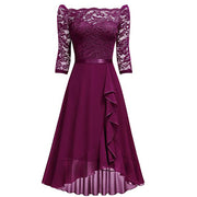 One-Shoulder Lace Chiffon Midi Dress