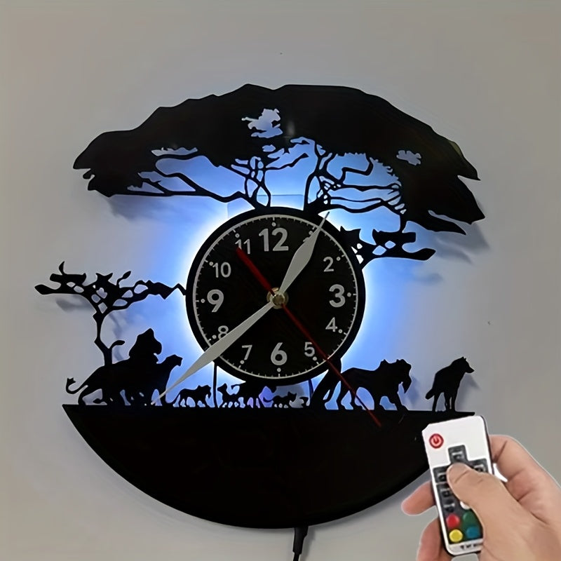 Unique LED Vinyl Record Wall Clock with 7 Color Changing African Animal Art, Handmade Home Decor Gift for Birthdays, Christmas, Mother's Day, Father's Day - Battery Not Included, African Home Decor
