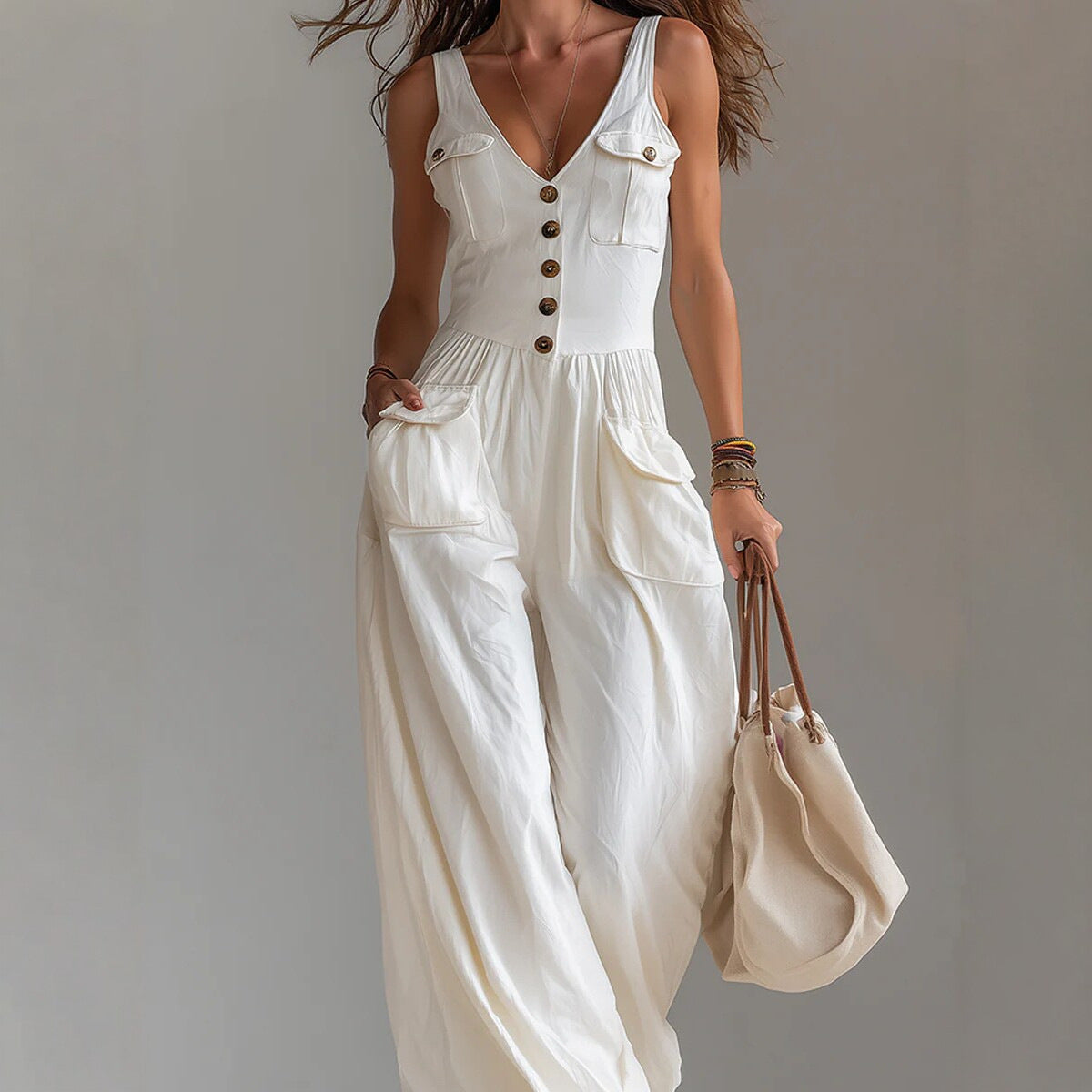 Casual Sleeveless Wide-Leg Jumpsuit with Pockets