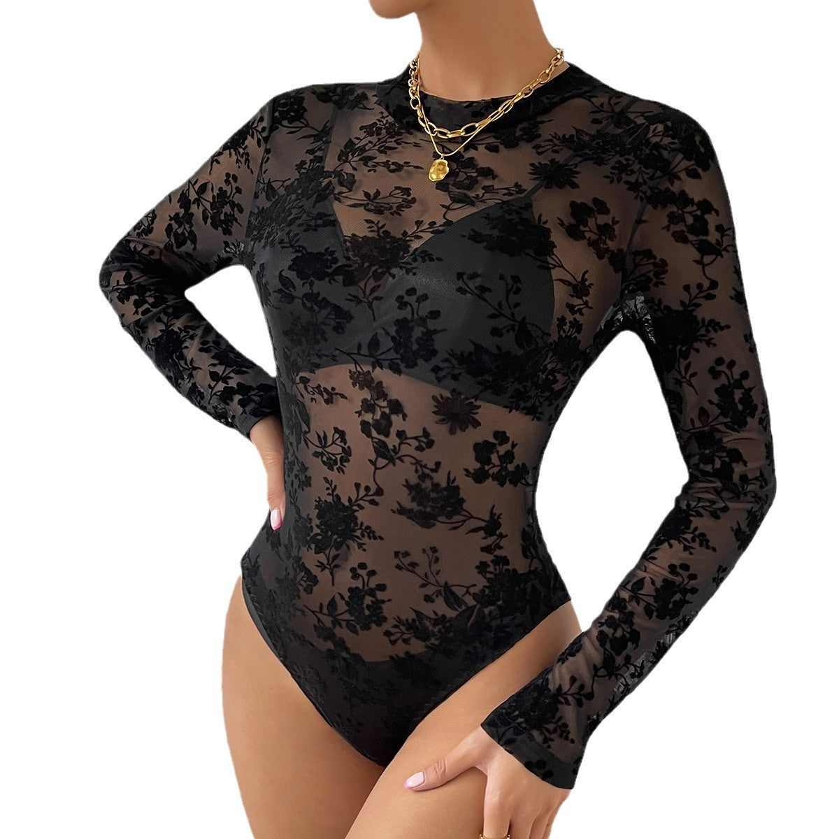 Sexy Mesh Lace Slim-Fit Long-Sleeve Jumpsuit