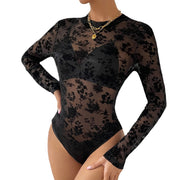 Sexy Mesh Lace Slim-Fit Long-Sleeve Jumpsuit