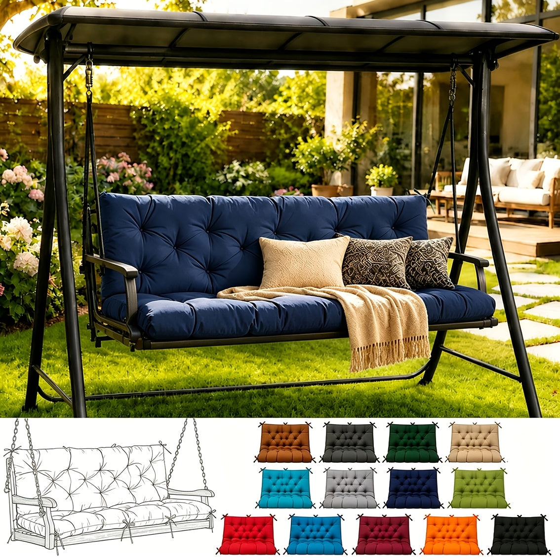 Porch Swing Cushions, Outdoor Replacement Cushions with Backrest, Waterproof Bench Cushion with Ties, for Patio Porch Garden Backyard, 5In 60 Inch 3 Seater, Sky Blue 60 X 40In 47 X 40In 40 X 40In