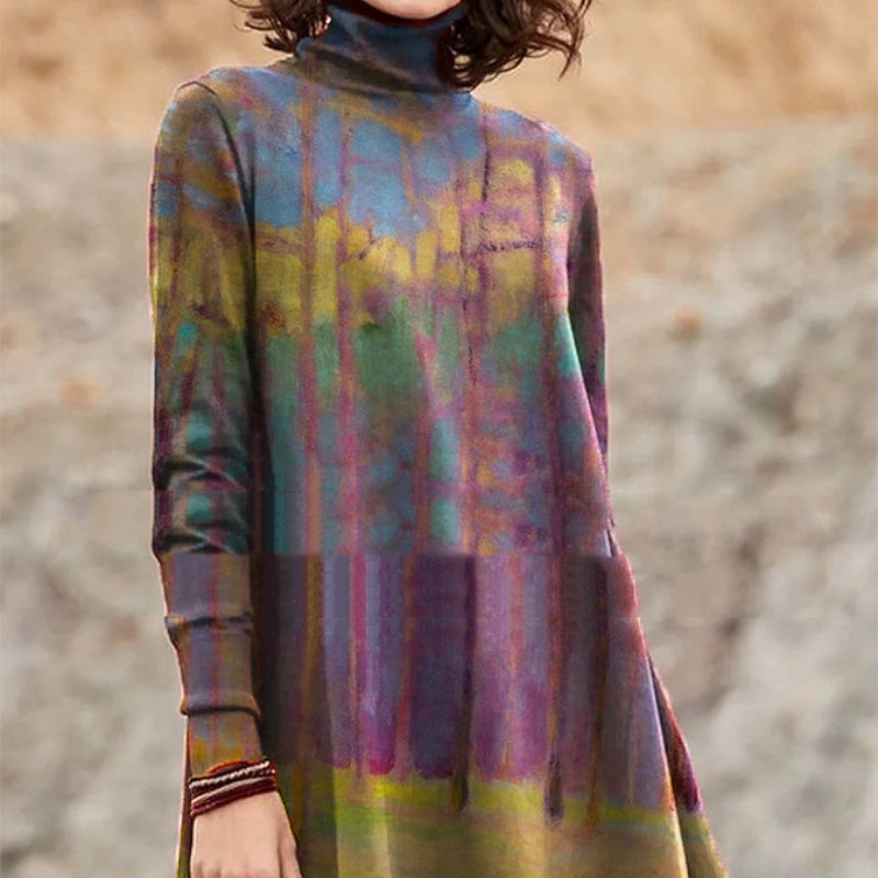 Colorful Oil Painting Turtleneck Long Sleeve Top