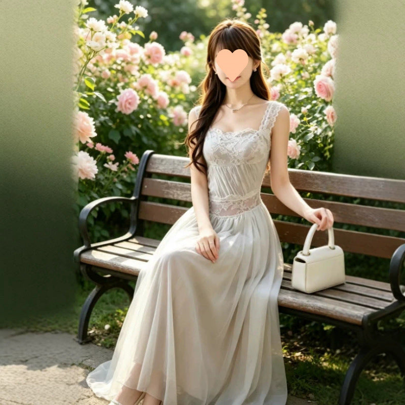 French-style White Lace-strapped Backless Slip Dress