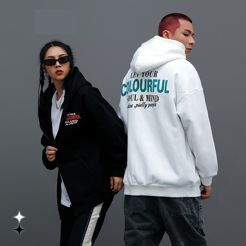 Unisex Foam Print Zip-Up Hoodie Casual Cardigan
