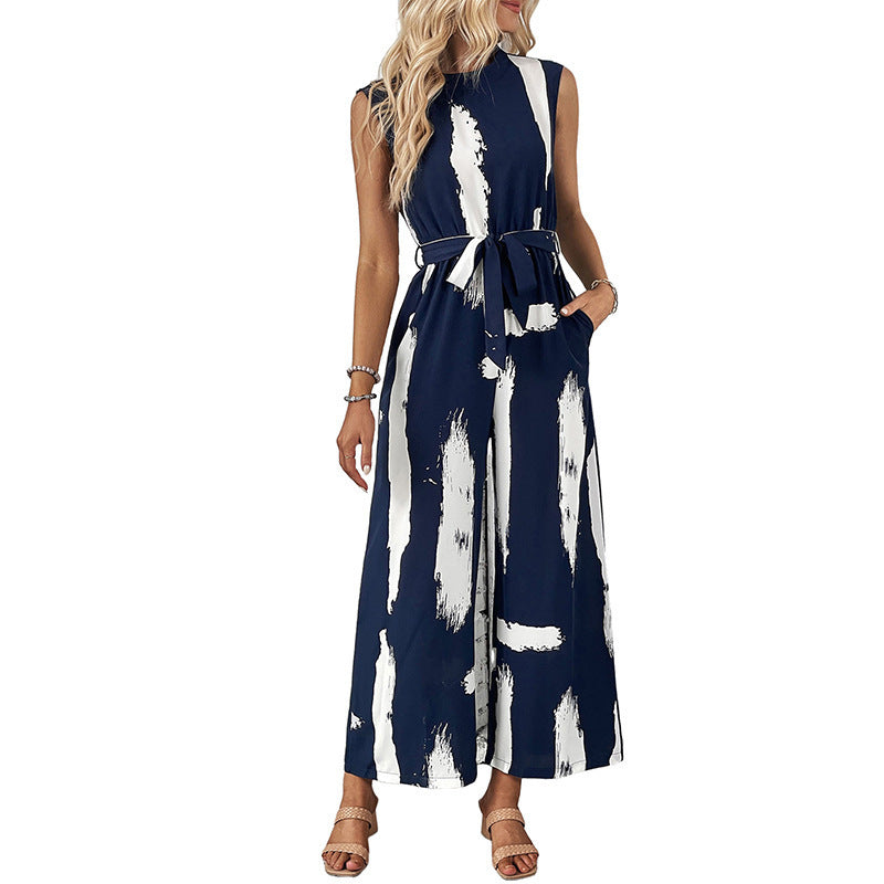 Resort-style Womens Sleeveless Printed Wide-leg Jumpsuit