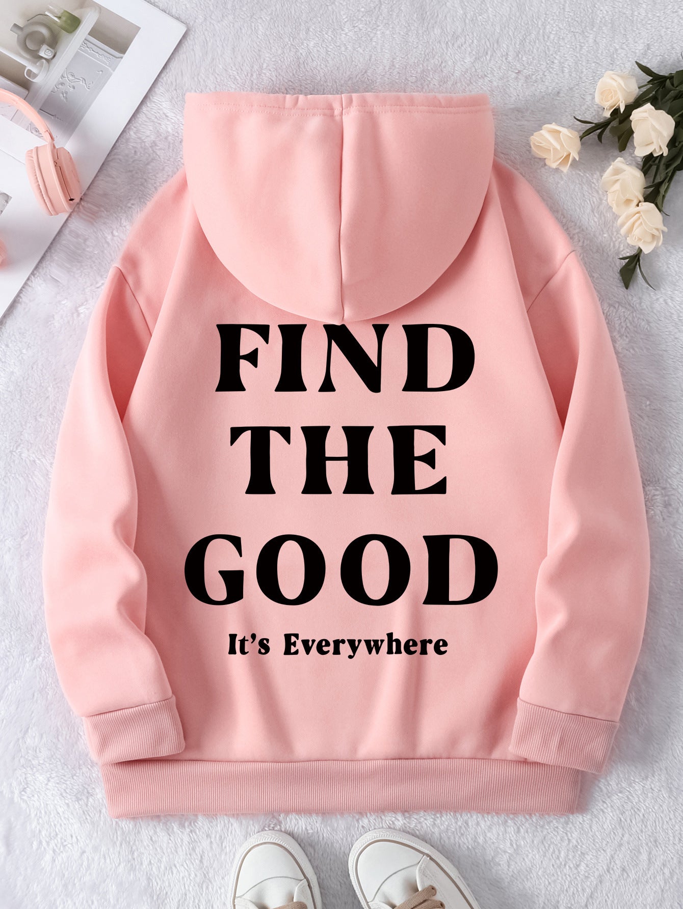 Cozy Brushed Letter Print Pullover Hoodie for Women