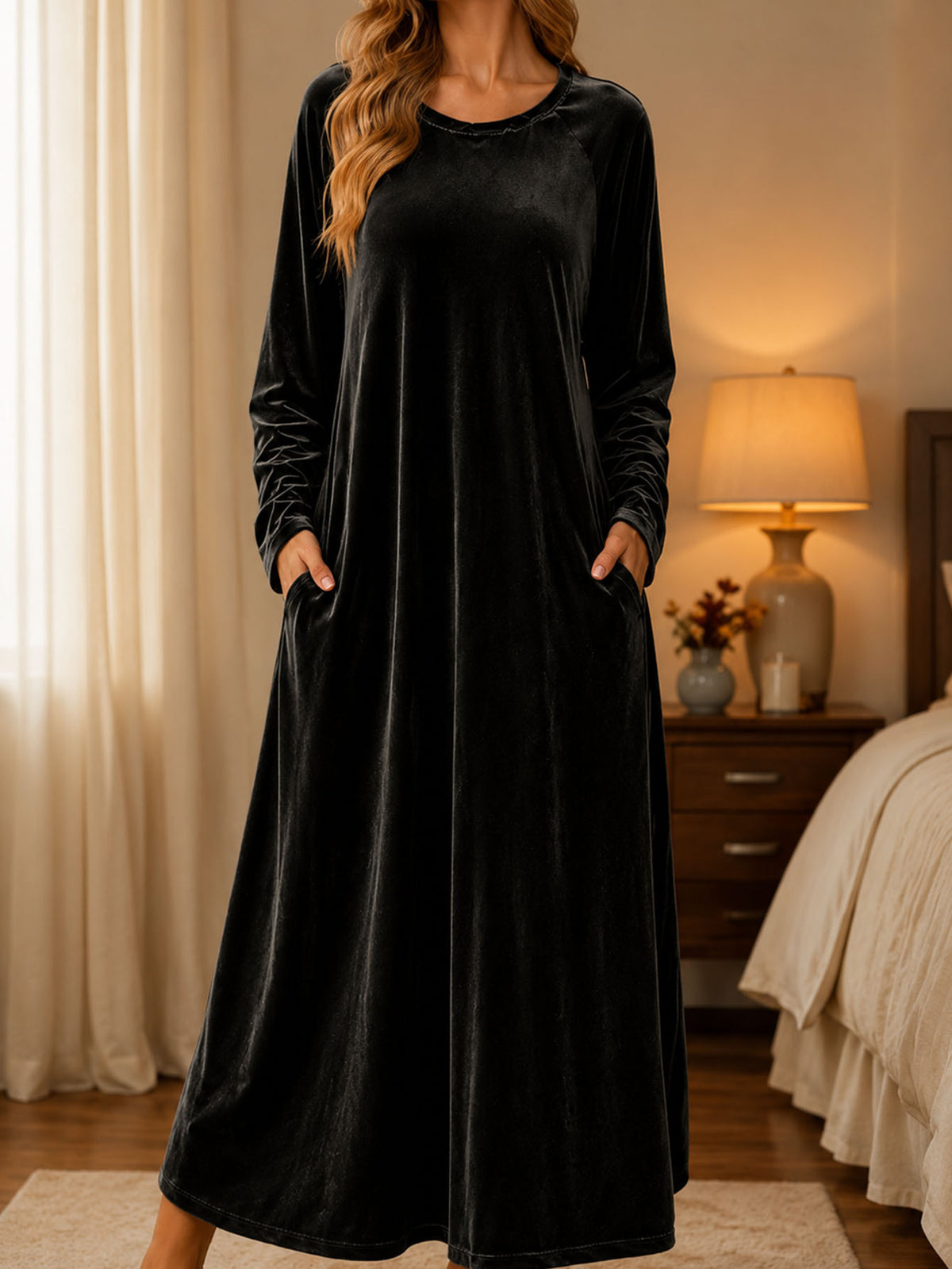 Round-neck Long-sleeved Wide-skirt Elegant Velvet Dress