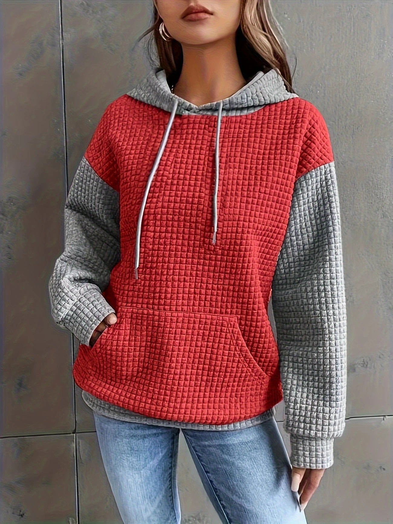 Casual Color Block Loose Pullover Hoodie with Pockets