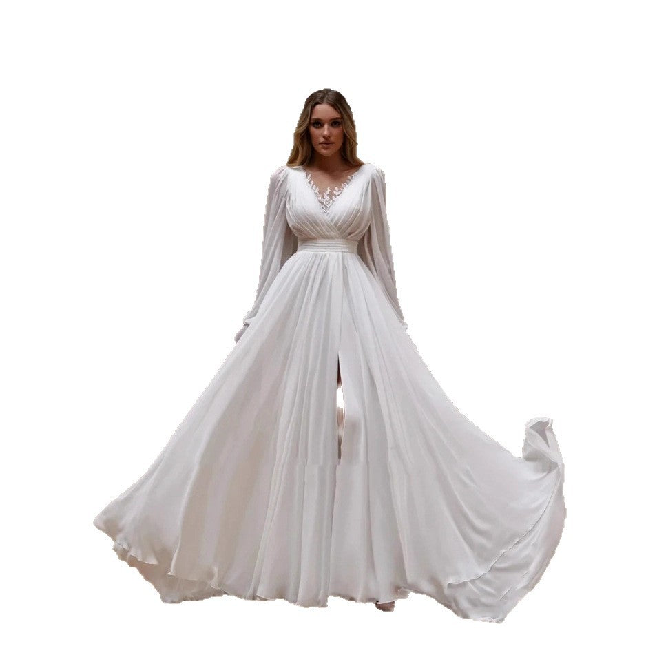 Elegant V-Neck Long-Sleeve Lightweight Wedding Dress