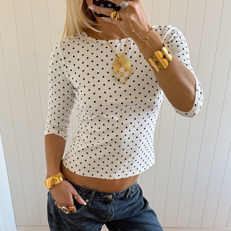 Polka Dot Three‑Quarter Sleeve Top – Elegant Slim‑Fit Women's Tee