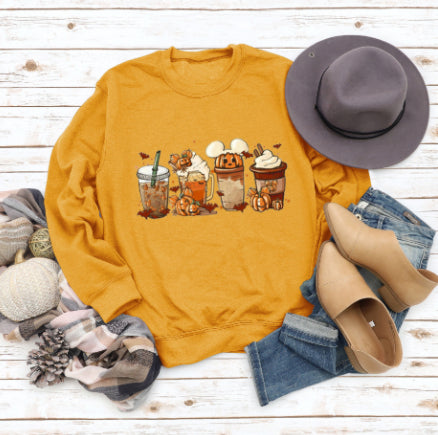 Cozy Floral Print Round Neck Christmas Latte Sweater
