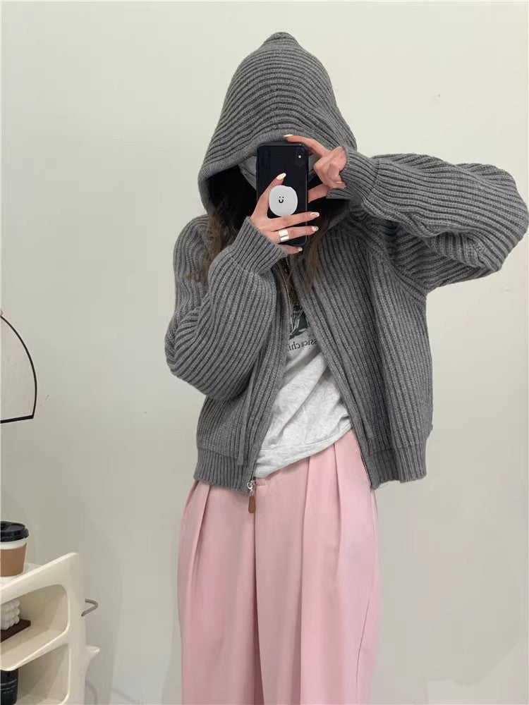Solid-color Zip-up Knitted Cardigan Cropped Top