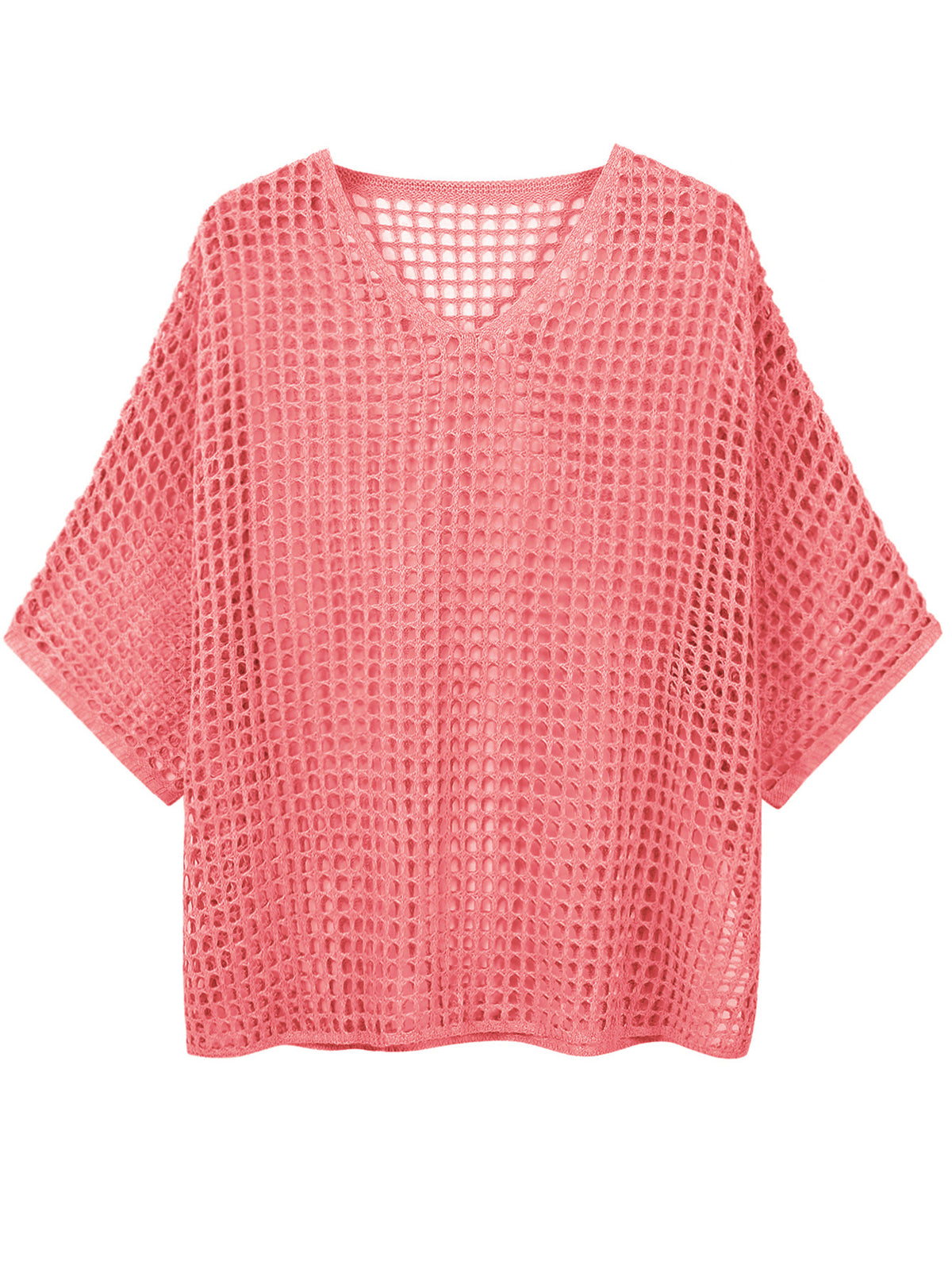V Neck Hollow Out Knit Tunic Top Batwing Half Sleeve Loose Mesh Cover Up