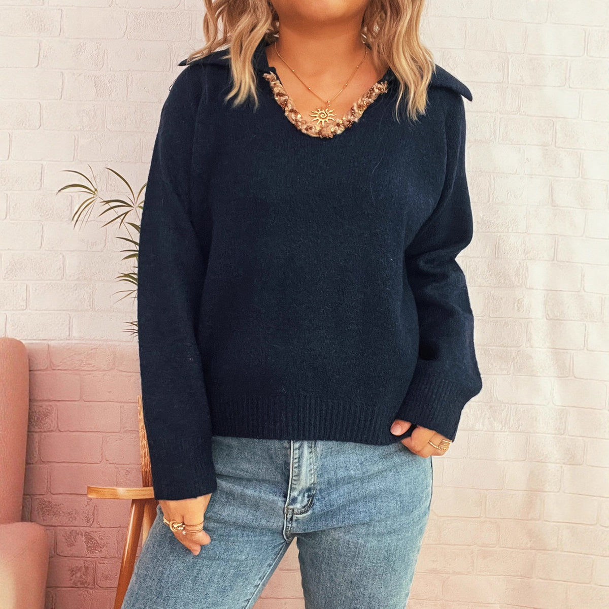 Hand-knitted Rope Stitching Lapel Long Sleeve Loose Sweater for Women