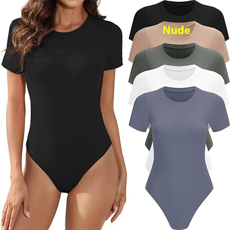 Women's Casual Stretch Crew Neck Basic One-Piece Bodysuit