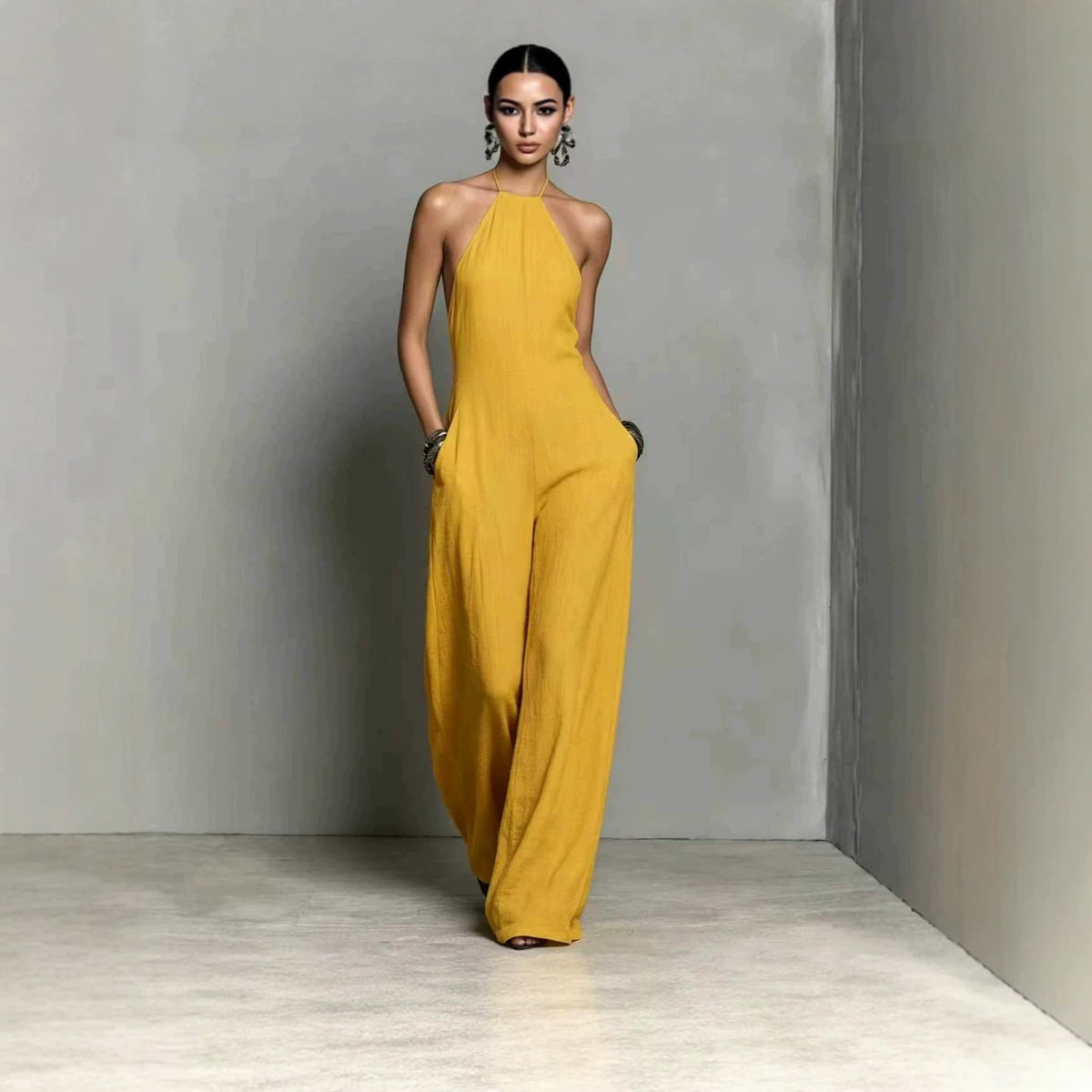 Elegant Backless Pleated Wide-Leg Jumpsuit