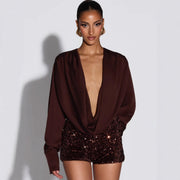 Satin Deep-V Long-Sleeve Bodycon Jumpsuit