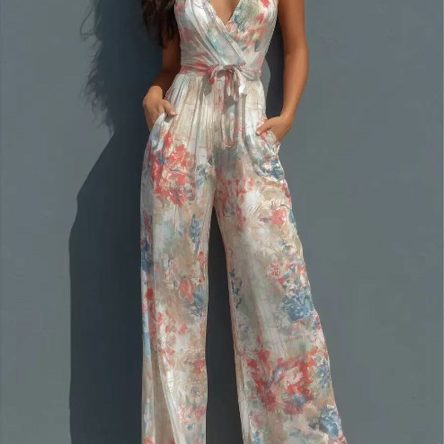 Women's Halter Deep-V Floral Wide-Leg Jumpsuit