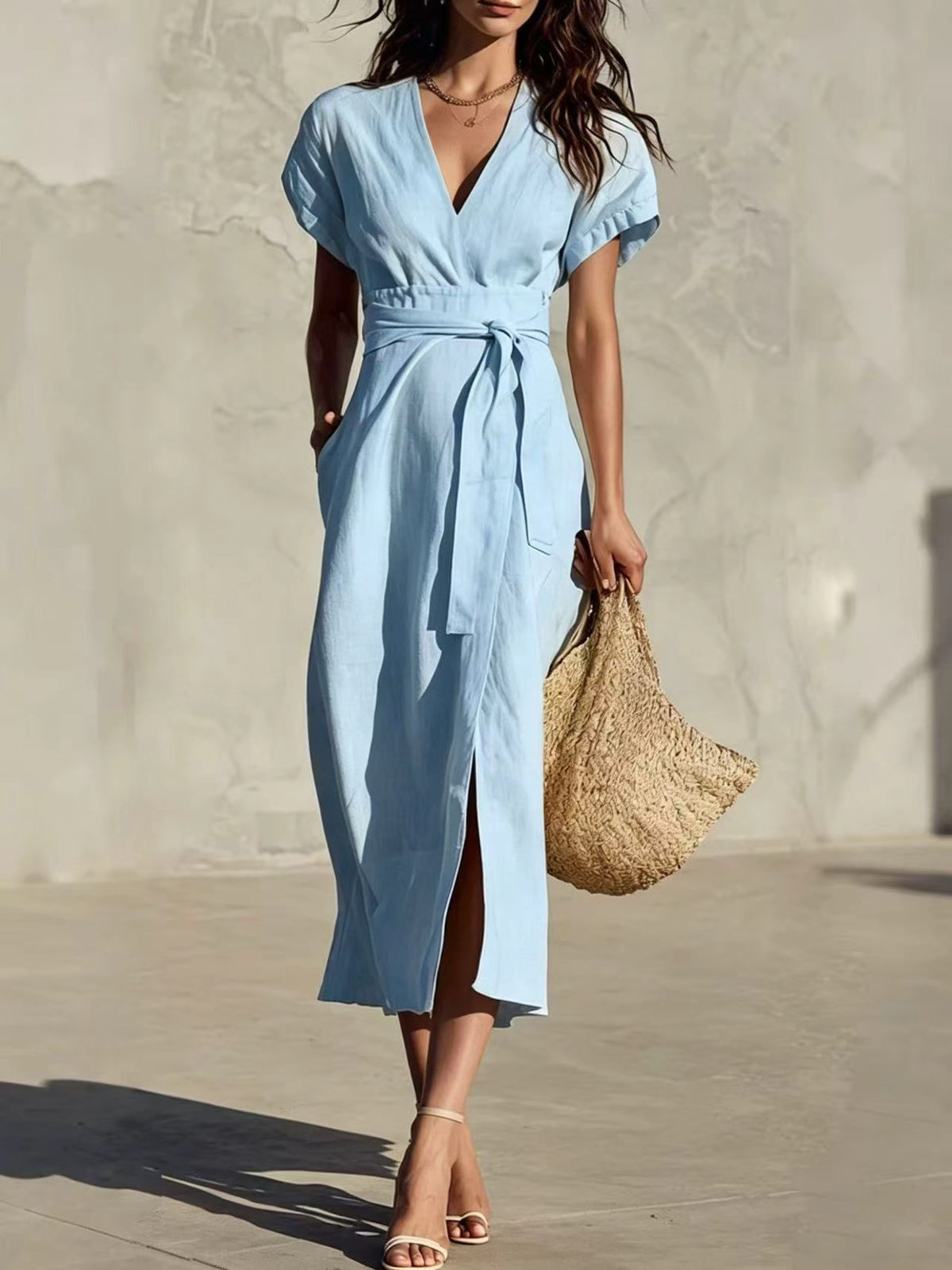 Casual Minimalist Solid-color V-neck Midi Dress with Pockets and Lacing