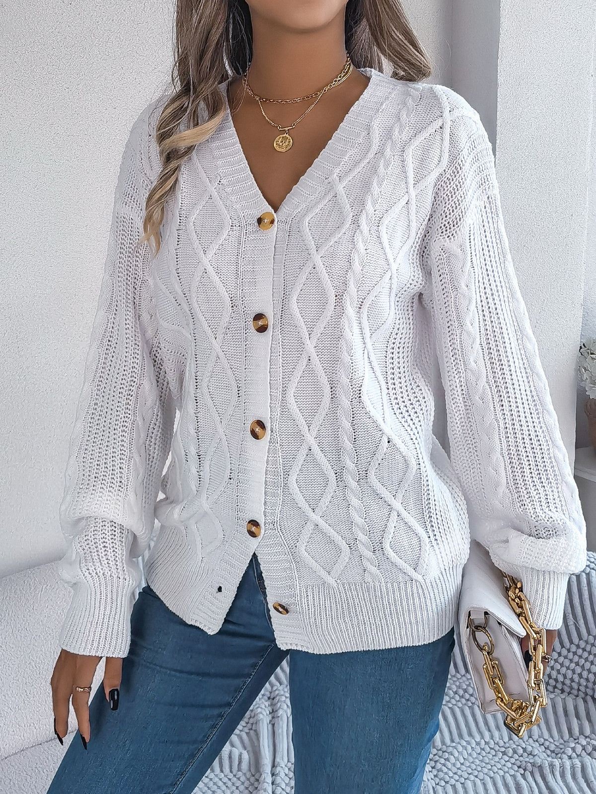 Women Casual V-neck Lantern Sleeve Cable Knit Button Cardigan Sweater