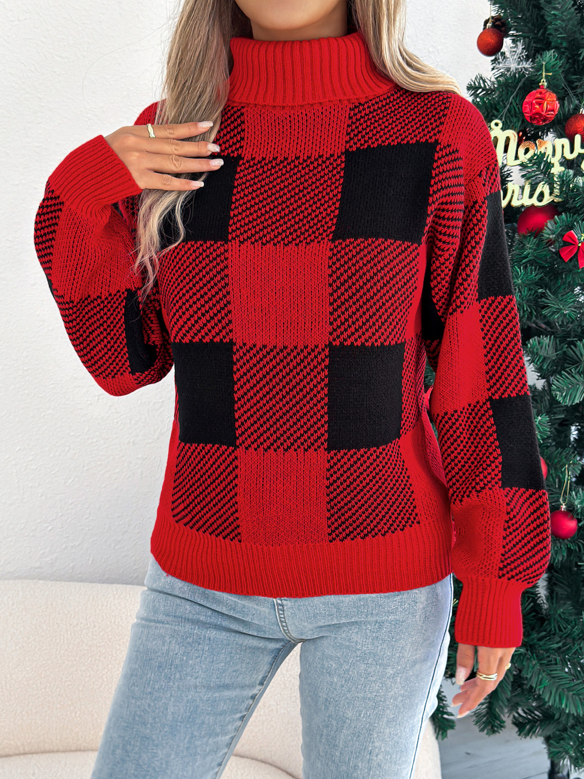 Casual Color Block Plaid Lantern Sleeve High Neck Sweater