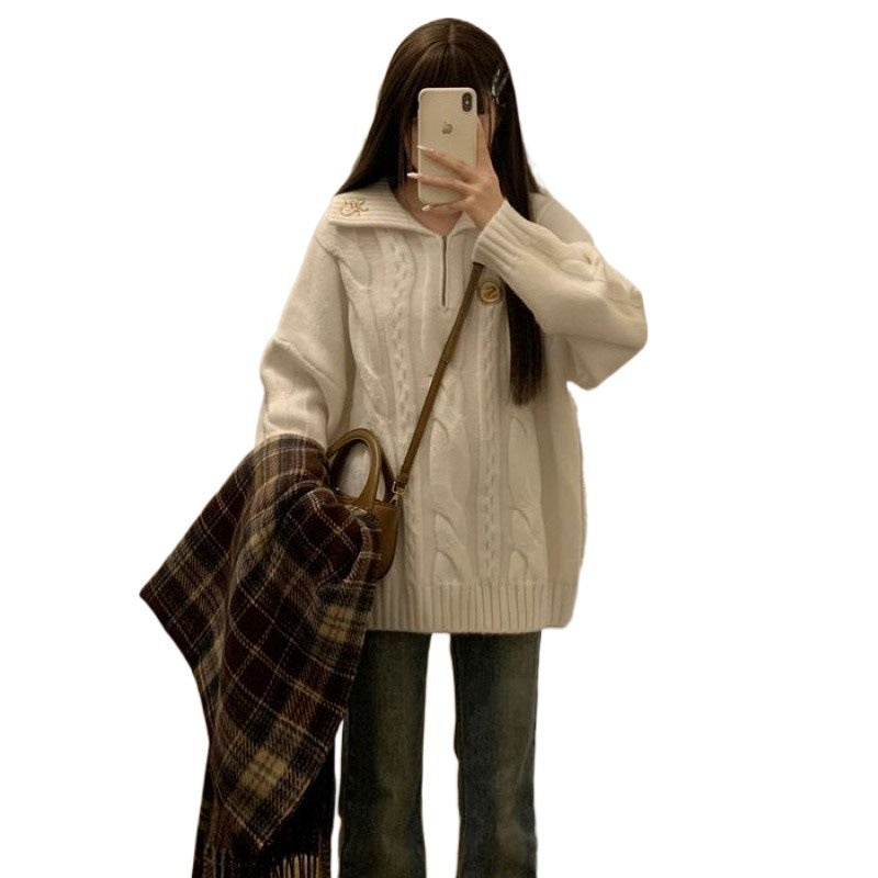 White Polo-collar Pullover Sweater for Women Autumn and Winter