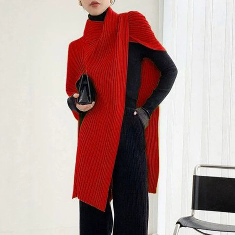 Loose-fitting Asymmetrical Solid-color Patchwork Turtleneck Sweater Top