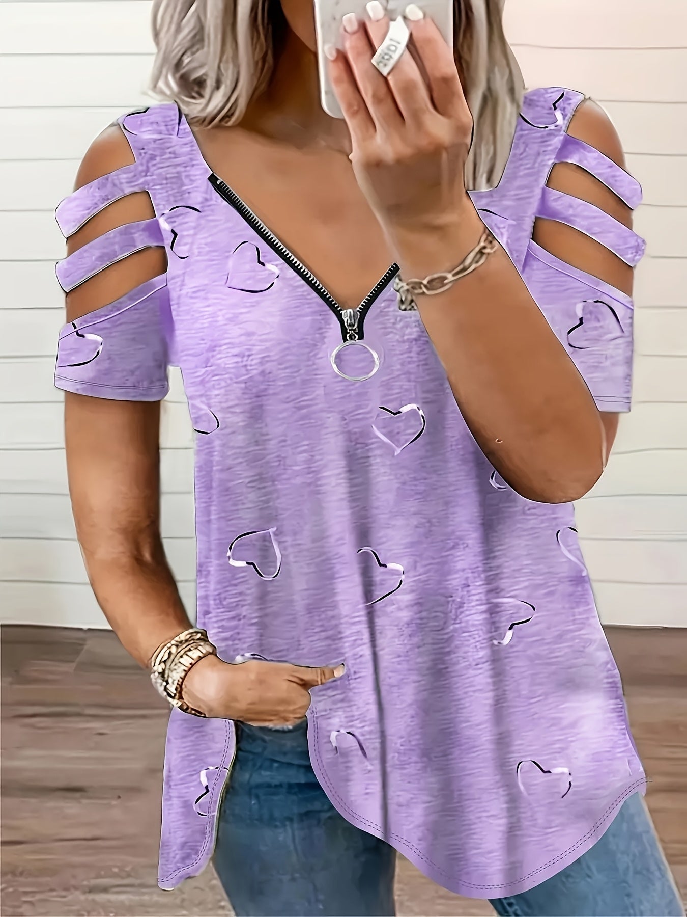 Plus Size Off‑Shoulder Heart Print Tee – Casual Short Sleeve Top
