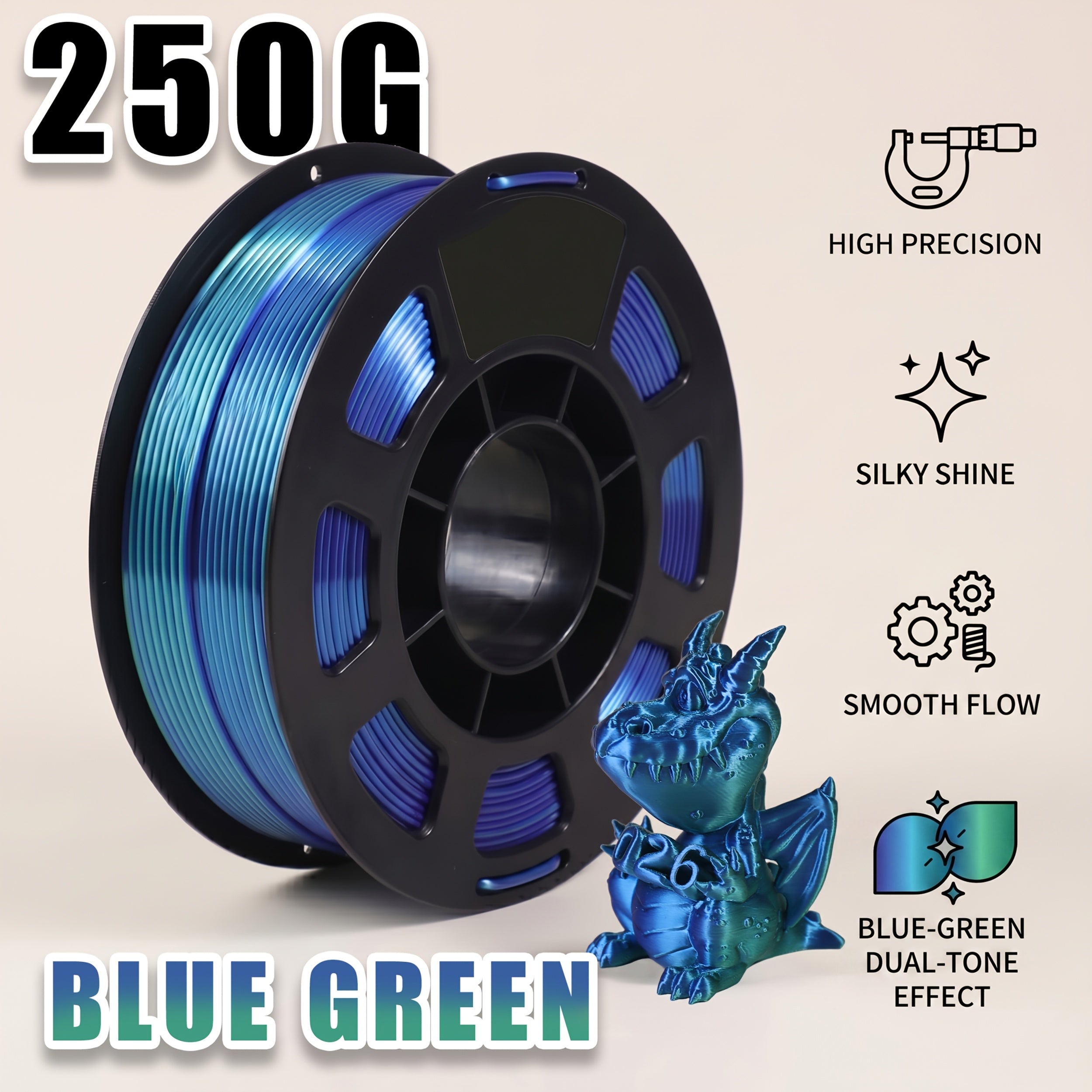 Premium Blue‑Green PLA 3D Printer Filament, 1.75 mm, High Toughness, +/- 0.02 mm Accuracy, Tangle‑Free, 250 g Spool
