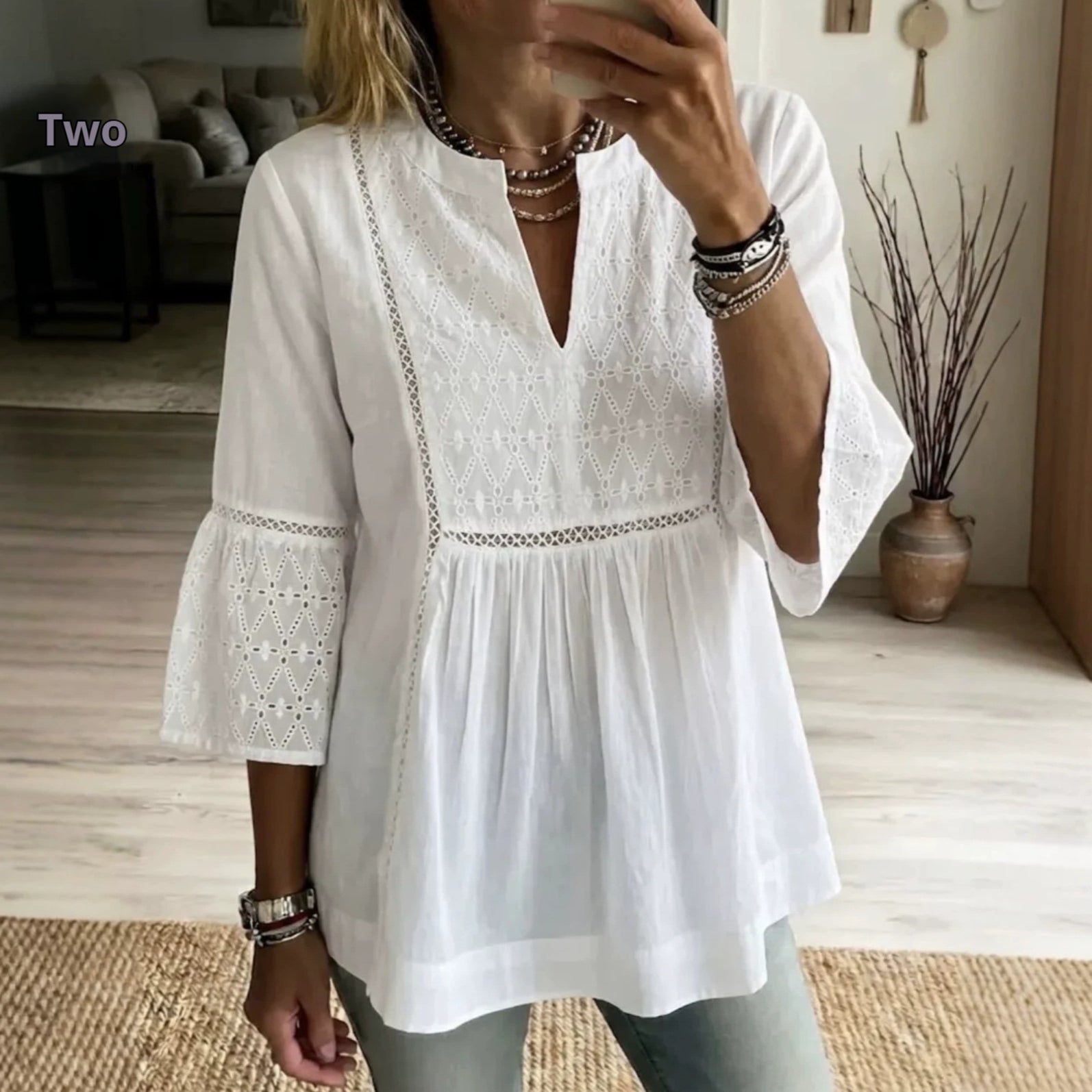 Elegant V‑Neck Embroidered Slit‑Panel Blouse – Three‑Quarter Sleeve