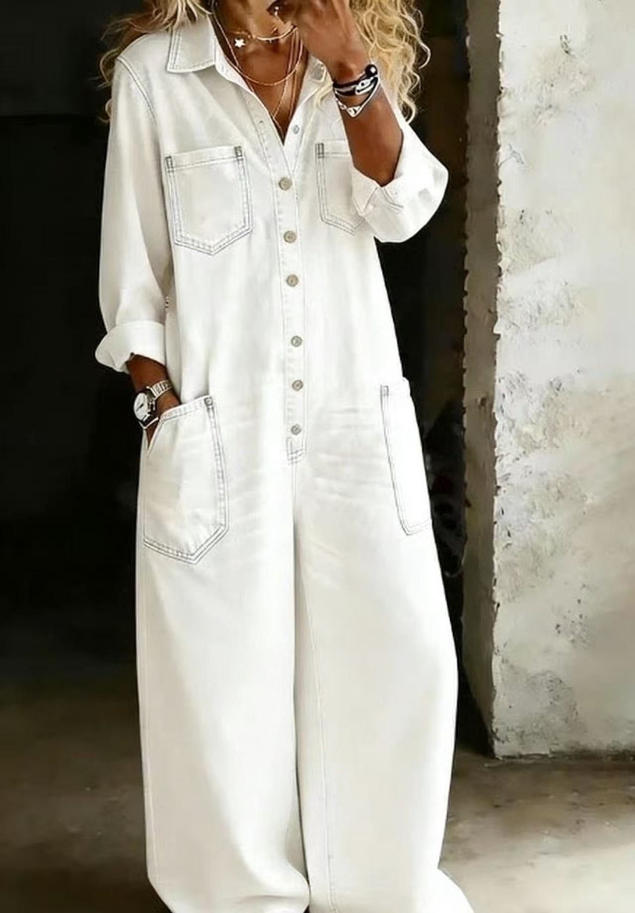 Women's Casual Denim Shirt Jumpsuit with Pockets