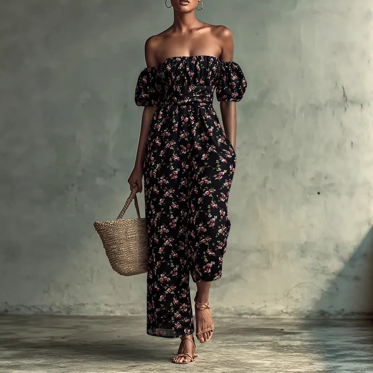 Women's Casual Printed Long Sleeve Pocket Jumpsuit