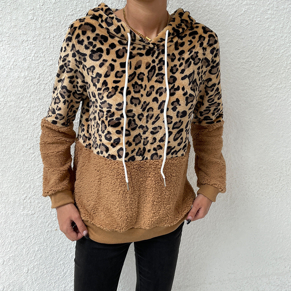 Cozy Leopard Patchwork Velvet Hoodie for Women