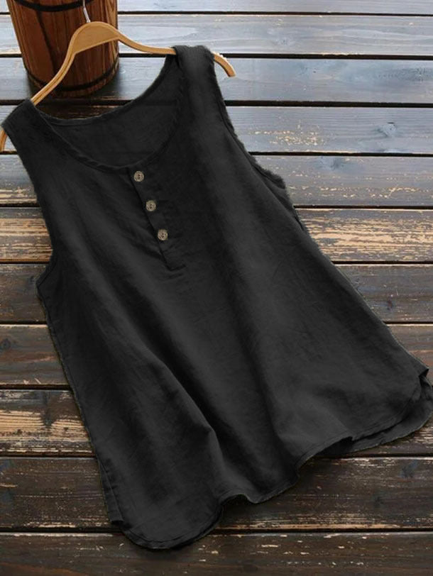 Solid Color Round Neck Loose Casual Vest Cotton Linen Shirt Women