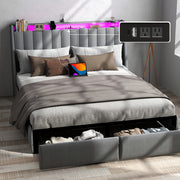 Full Queen King Bed Frame with 2 Storage Drawers And Luxury Wingback Upholstered Button Tufted Storage Headboard, Charging Station, Storage Headboard & LED Lights, Noise-Free-Dark Gray