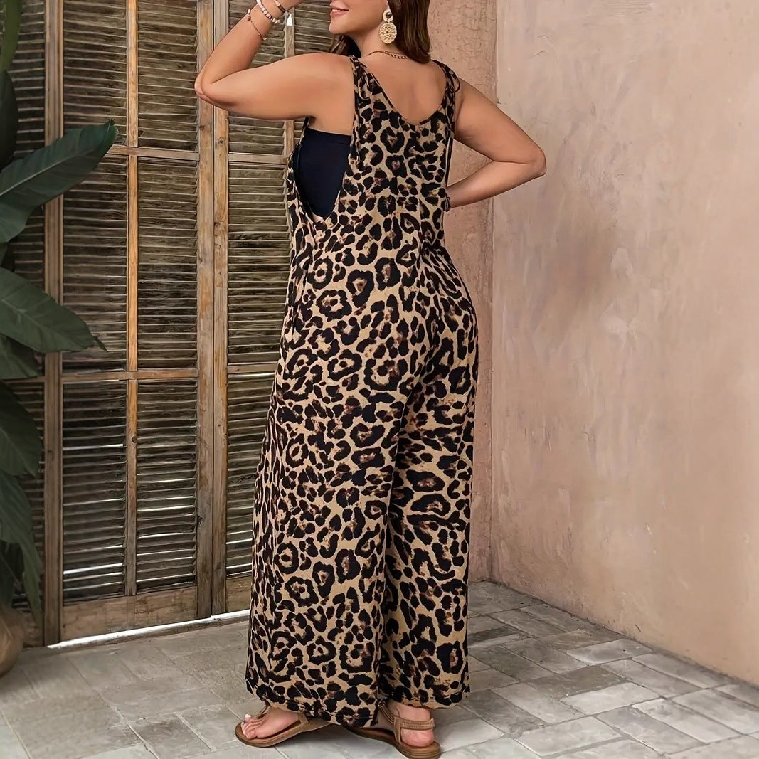 Leopard-print Strap Jumpsuit Plus-size Womens Clothing