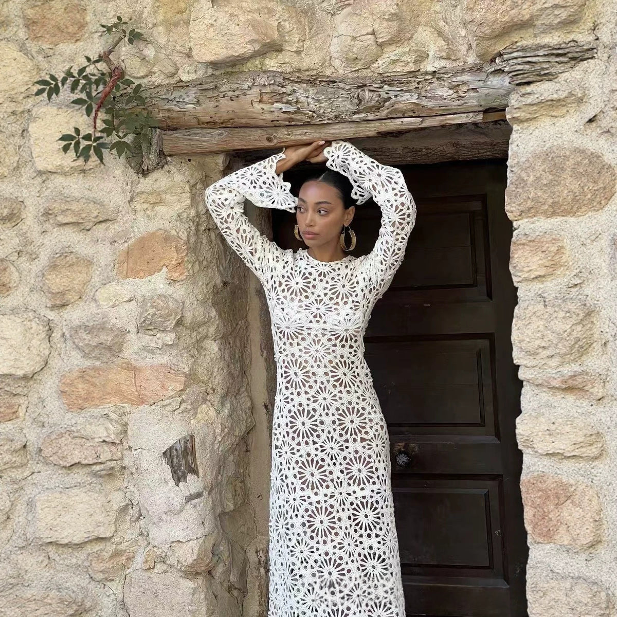 Womens Sexy Hollowed-out Slim-fit Long-sleeve Dress