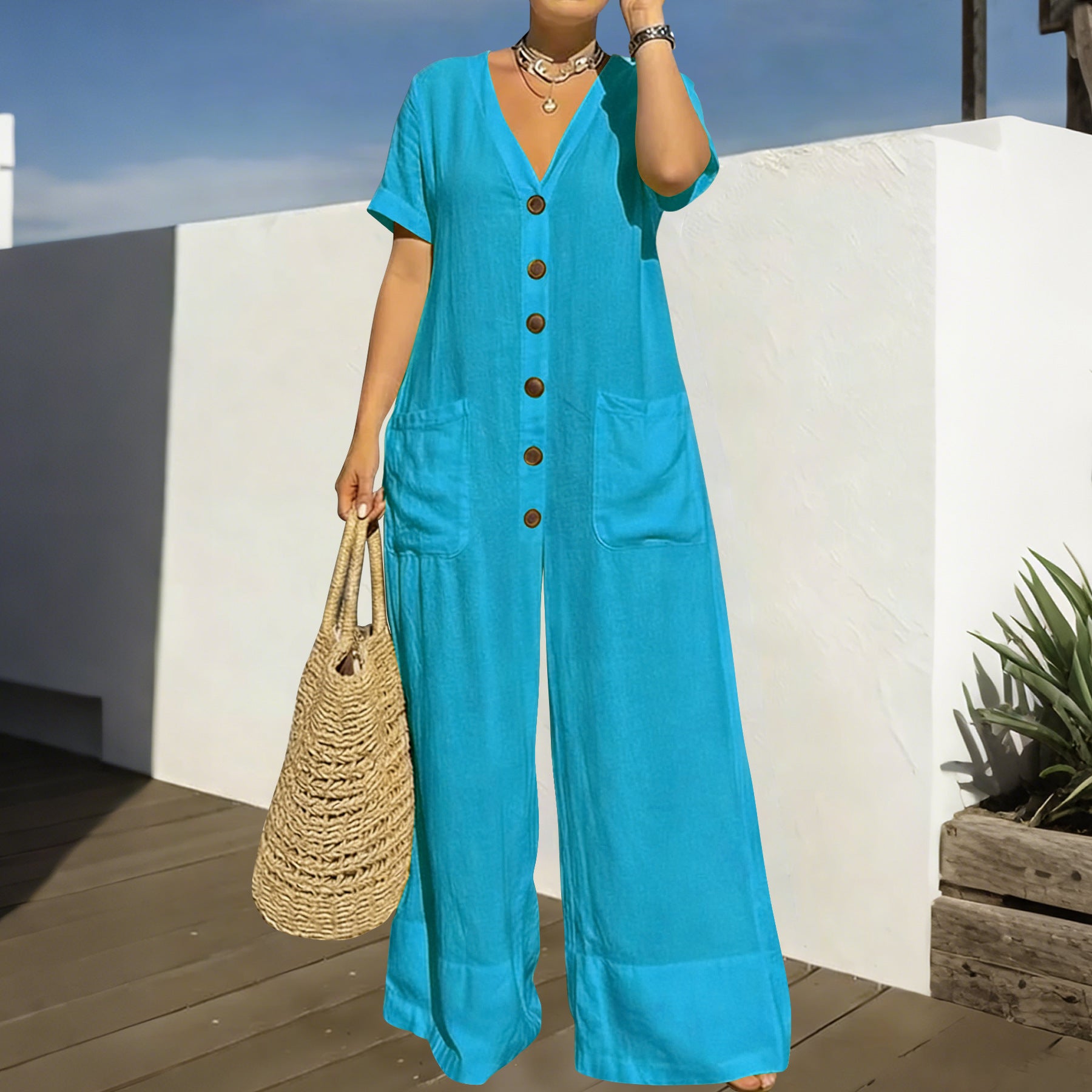 Plus Size Casual V-Neck Button Wide-Leg Jumpsuit