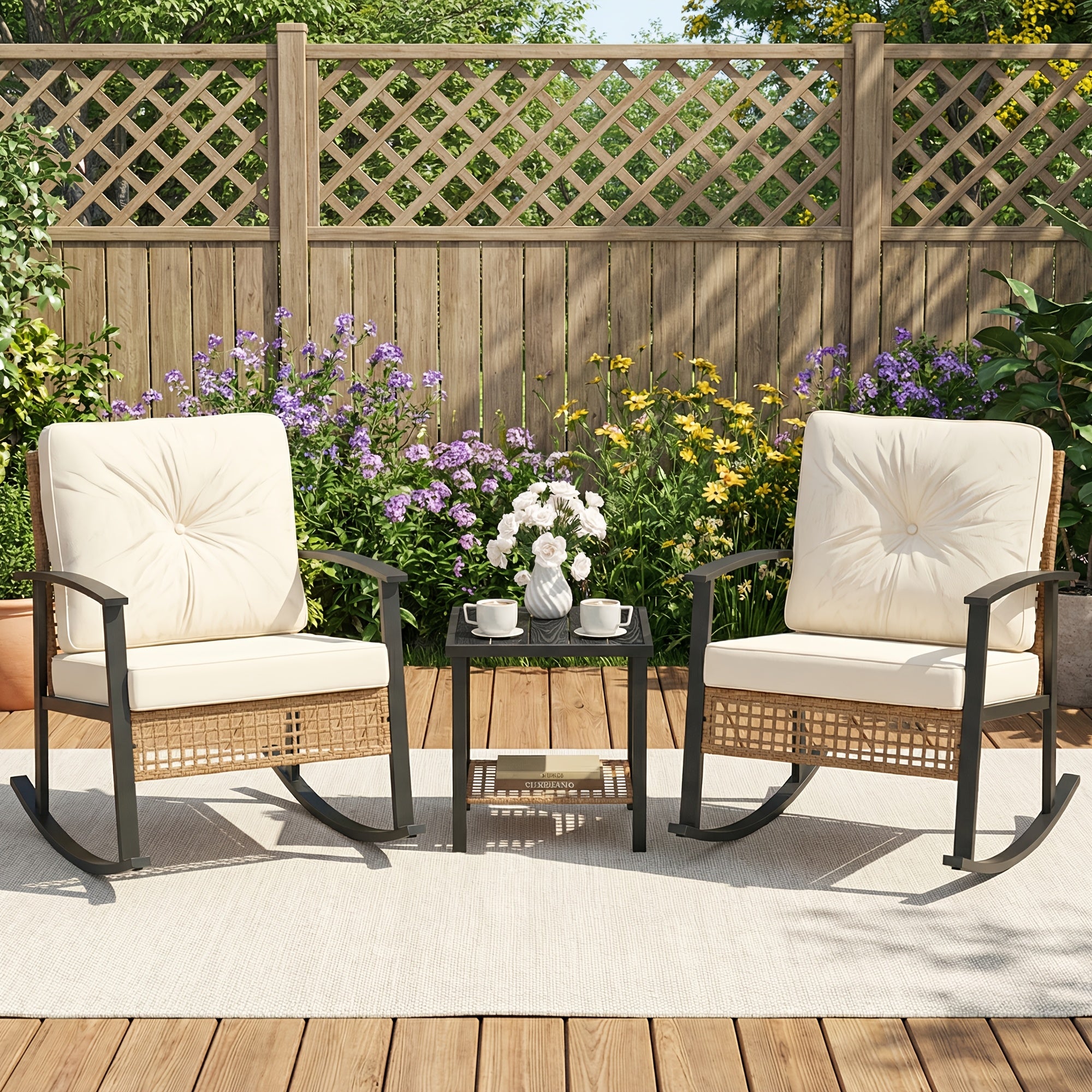 3pcs Outdoor Rocking Chair Set, Heavy Duty 350lbs Capacity Wicker Patio Furniture, 3" Extra Thick Cushioned Bistro Set With Glass Coffee Table, All-Weather Porch Rockers For Garden Set & Balcony, White/Gray/Cream