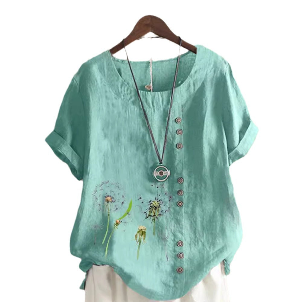 Artistic Retro Cotton And Linen Printed Casual Shirt Women's Top