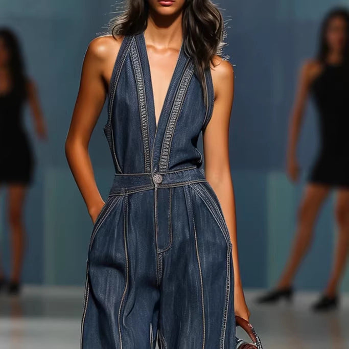 Retro Sleeveless Wide-Leg Denim Jumpsuit