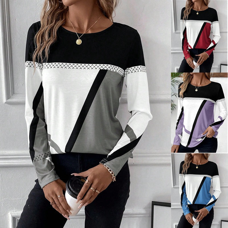 Geometric Print Contrast Stitching Pullover Top