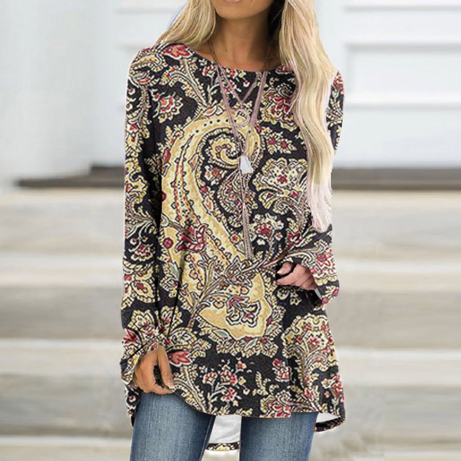 Women's 3D Printed Round Neck Long Sleeve Pullover T-shirt