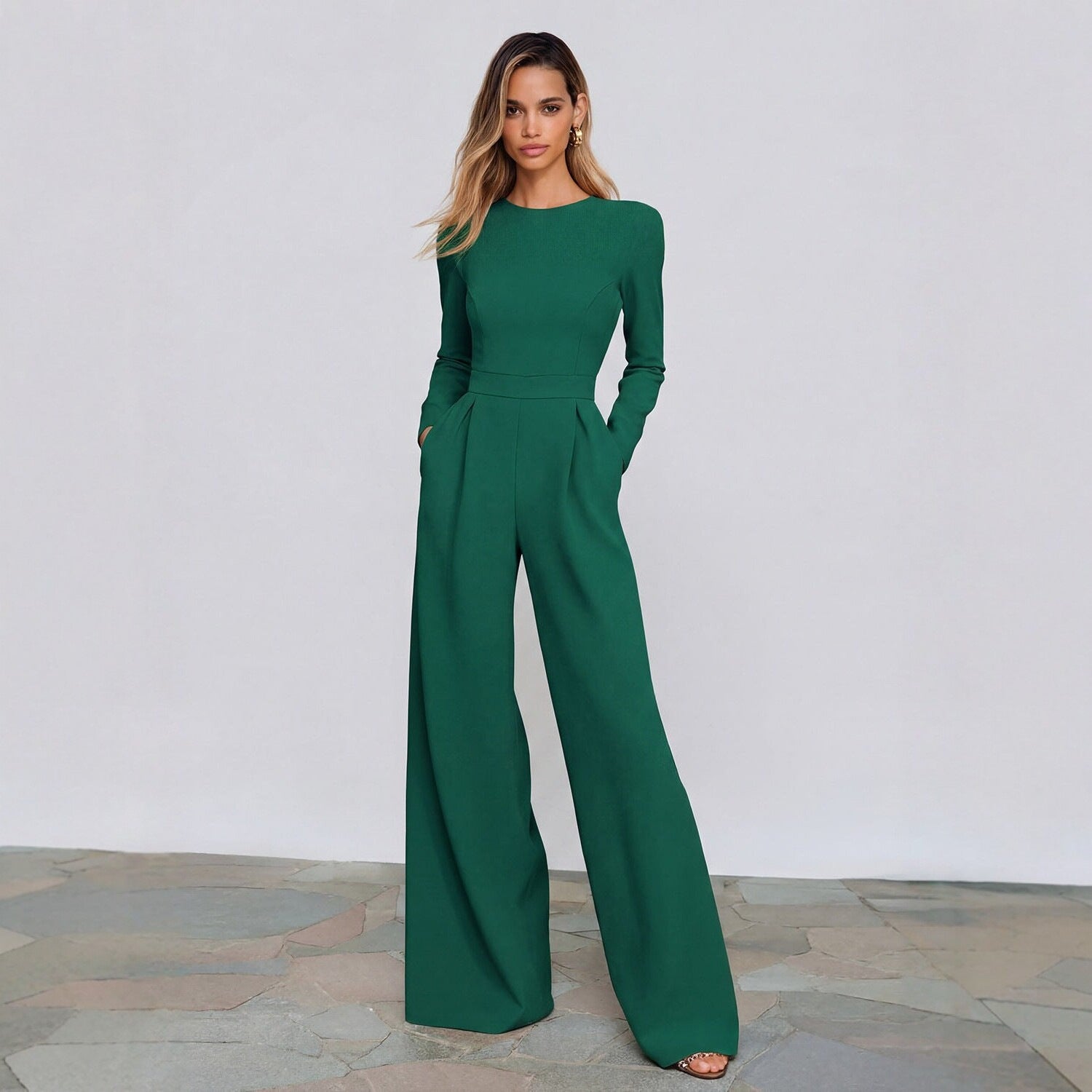 Chic Long-Sleeve Waist-Cinching Wide-Leg Jumpsuit